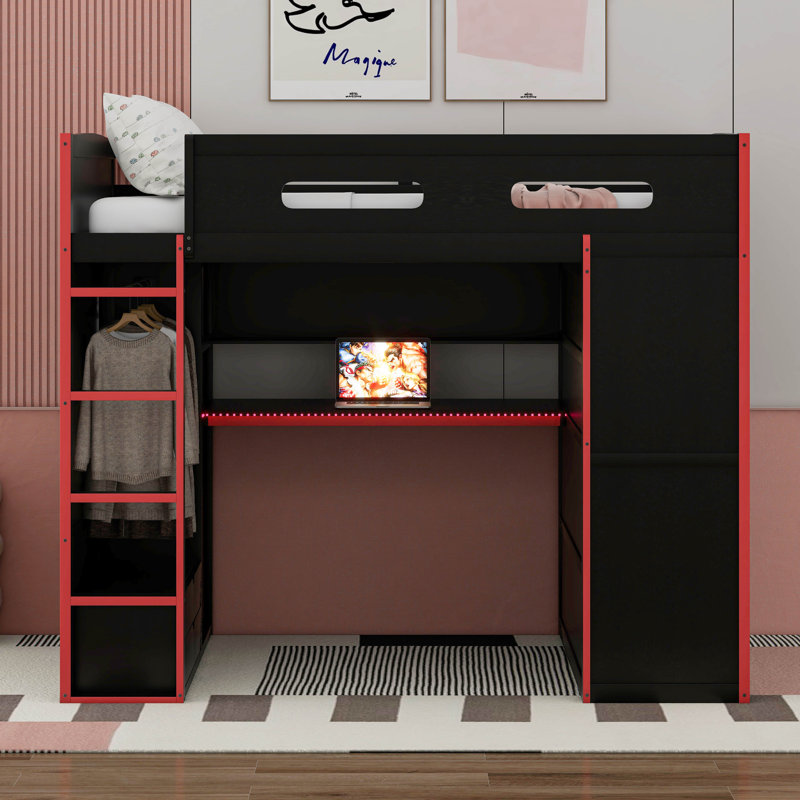 Full Size Wood Gaming Loft Bed With Built-In Desk, RGB LED Lighting, USB Port, Wardrobe & Storage, Red