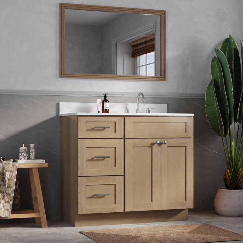 Meuble-lavabo simple 40 po avec plateau en quartz Disar, Oui, Chêne naturel