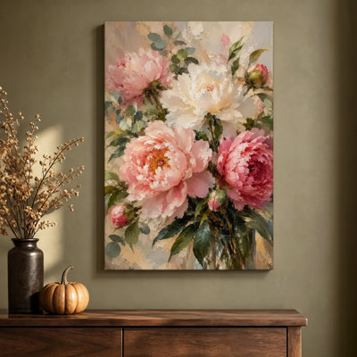 Pink and White Peonies in a Vase Oil Painting Print Wrapped Canvas Wall Art, 24 x 36 Inches, Ready to Hang