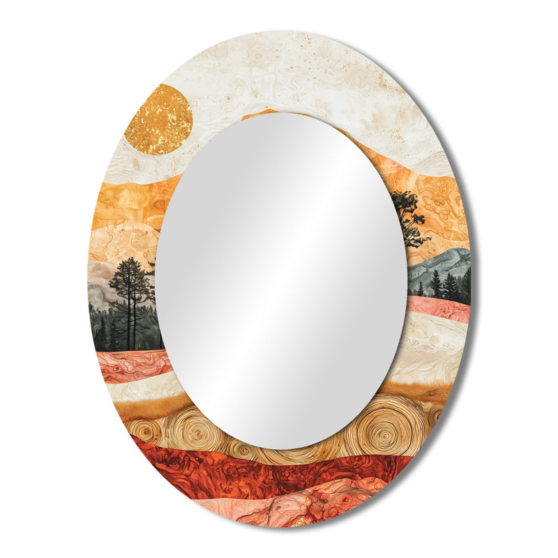 Pastel Cow Into The Golden Landscape I - Animals Oval Decorative Mirror On Metal, 43" x 33"