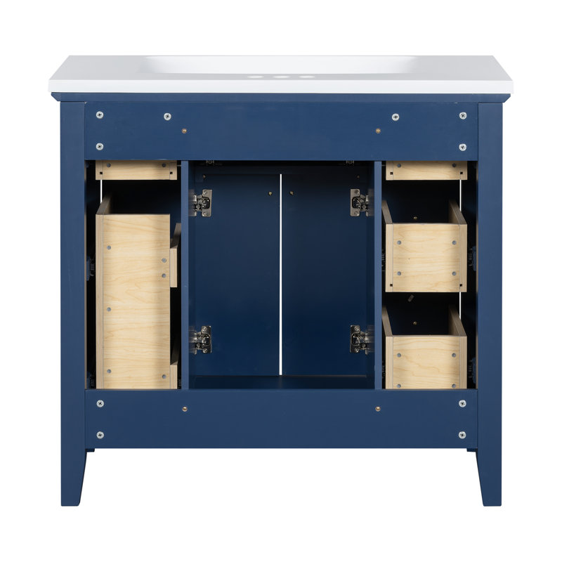 de salle de bain de 4 pouces avec lavabo en résine, 6 tiroirs, 2 armoires - Structure moderne en bois massif autoportant, bleu