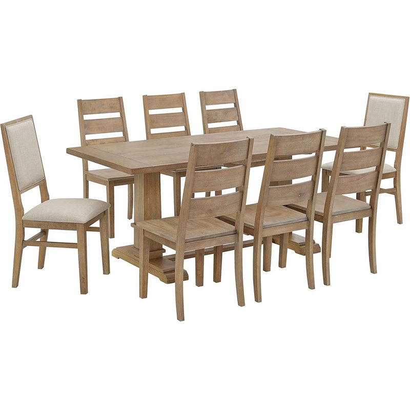 Ensemble de table de salle à manger 9 pièces pour 8 personnes avec 6 chaises à dossier échelle et 2 chaises rembourrées, brun rustique / crème