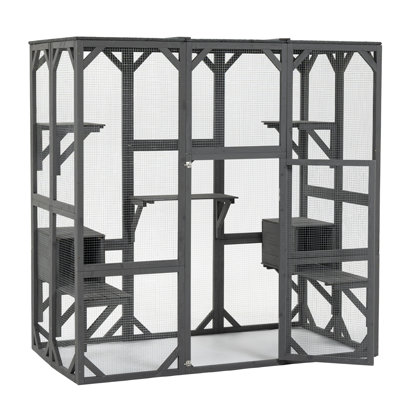 Pc Grey Outdoor Wooden Cat House Enclosure, 71 H , With 5 Jumping Platforms, 2 Condos, And A Lockable Door For Privacy