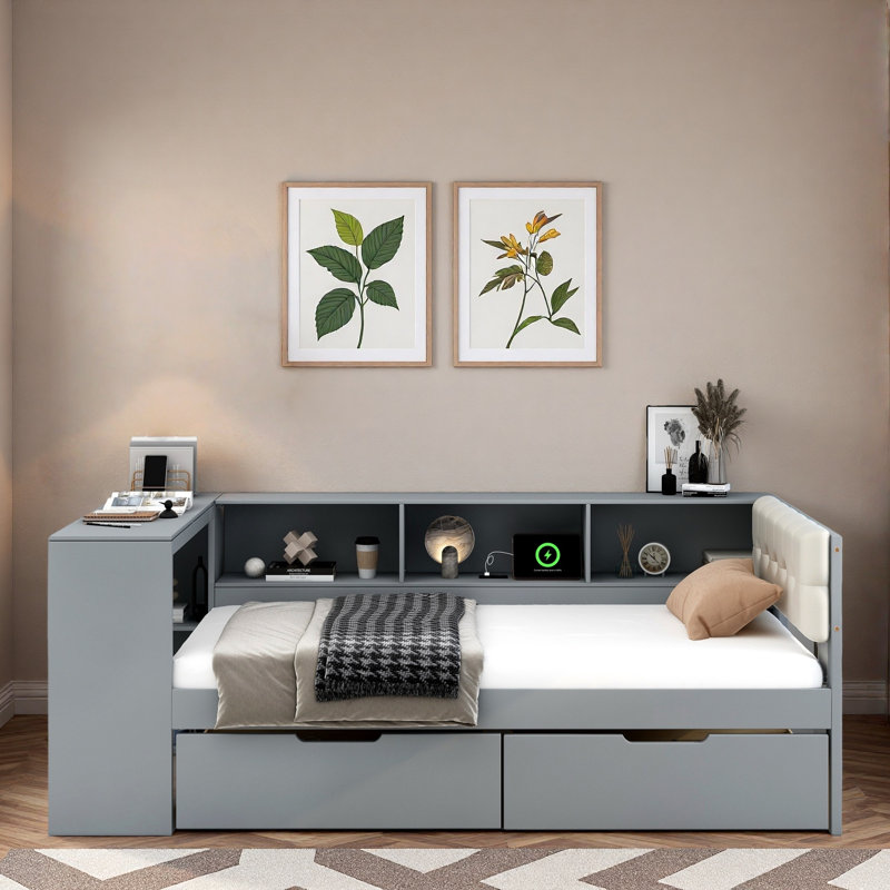 Lit plateforme avec tablettes de rangement, tiroirs, station de charge, bureau et tête de lit tapissier, Lit simple, Gris