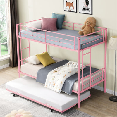 Lit superposé en métal rose avec lit gigogne - Lit moderne et fonctionnel, lit superposé, solide pour la durabilité, fonctionnement silencieux et stable, capacité de charge à bruit élevé, escalier sécuritaire, agencement simple