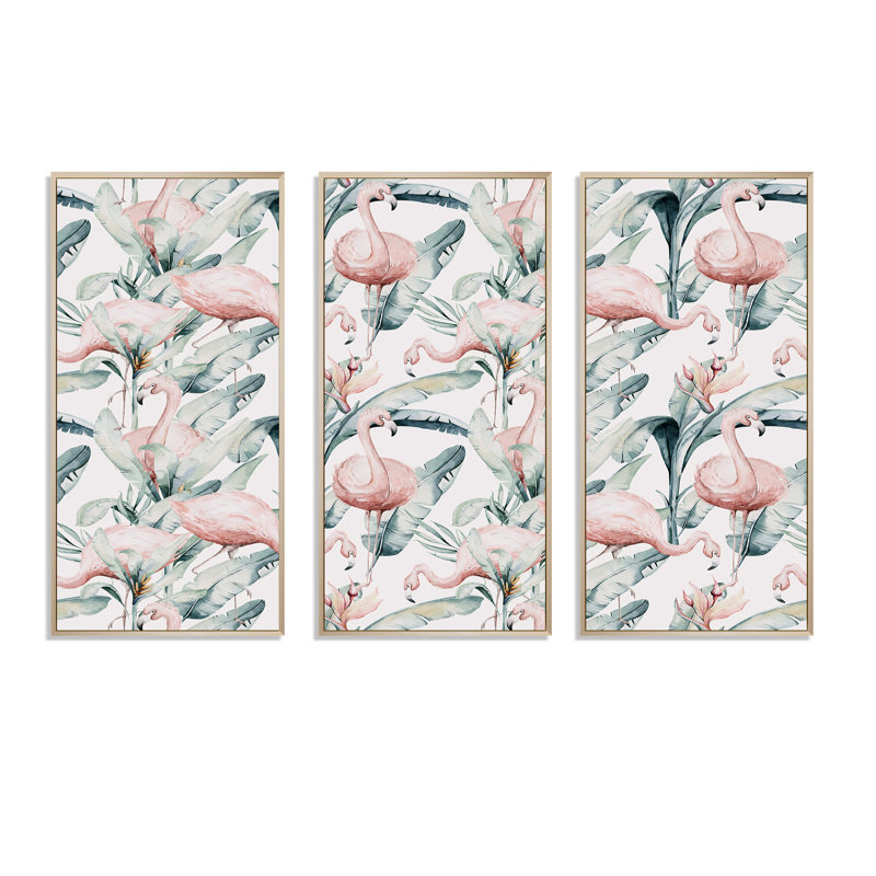 Feuilles tropicales avec flamant rose - impression sur toile flottante 3 pièces, H 20 po x l 36 po x P 1 po, Cadre brun