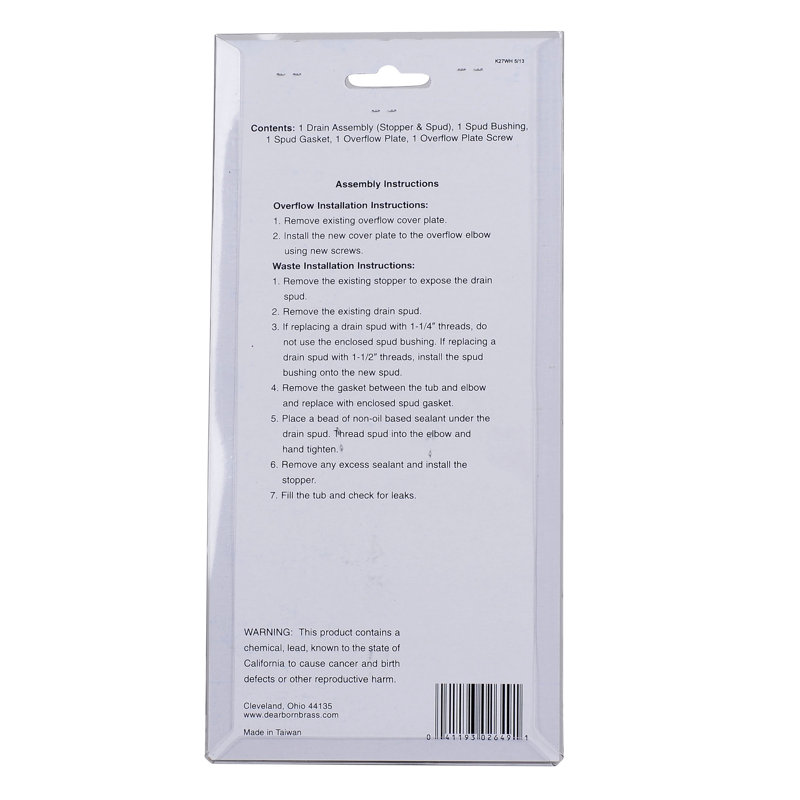 Drain Stopper Tub Drain with Overflow, White