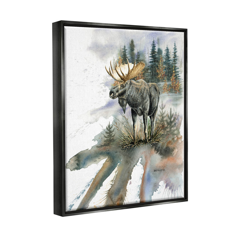 "Moose Distant Forest Arrangement", cadre flottant, impression sur toile, Cadre flottant noir de jais