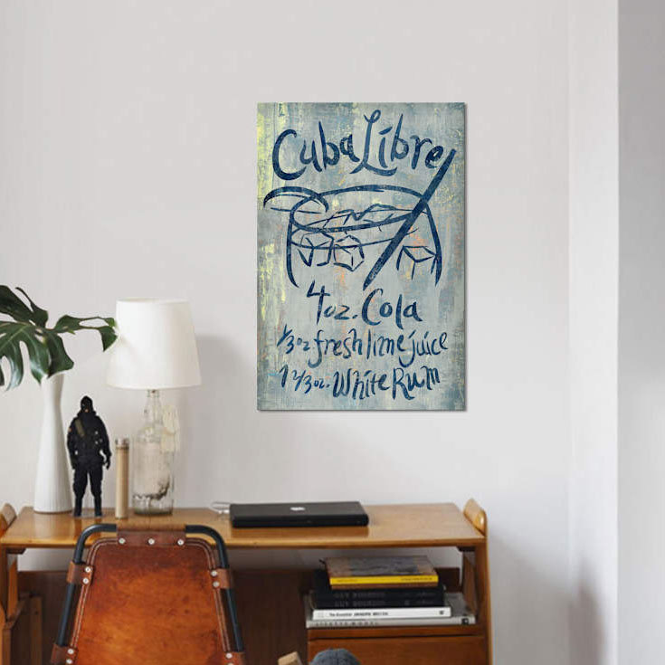 «Cuba Libre Blue», art textuel sur toile, H 60 po x l 40po x P 1,5 po, Pas de tapis, Toile tendue