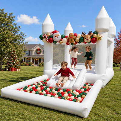 13 FT White Inflatable Bounce House with Slide & Ball Pit, Oxford Fabric Kids Bouncy Castle with Blower for Birthday Parties, Backyard and Indoor Play
