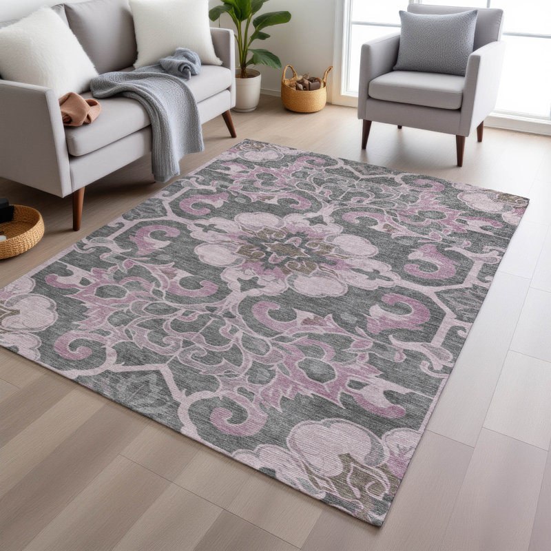Machine Washable Indoor/Outdoor Xhevrie Pink Rug, Rectangle 10' x 14'
