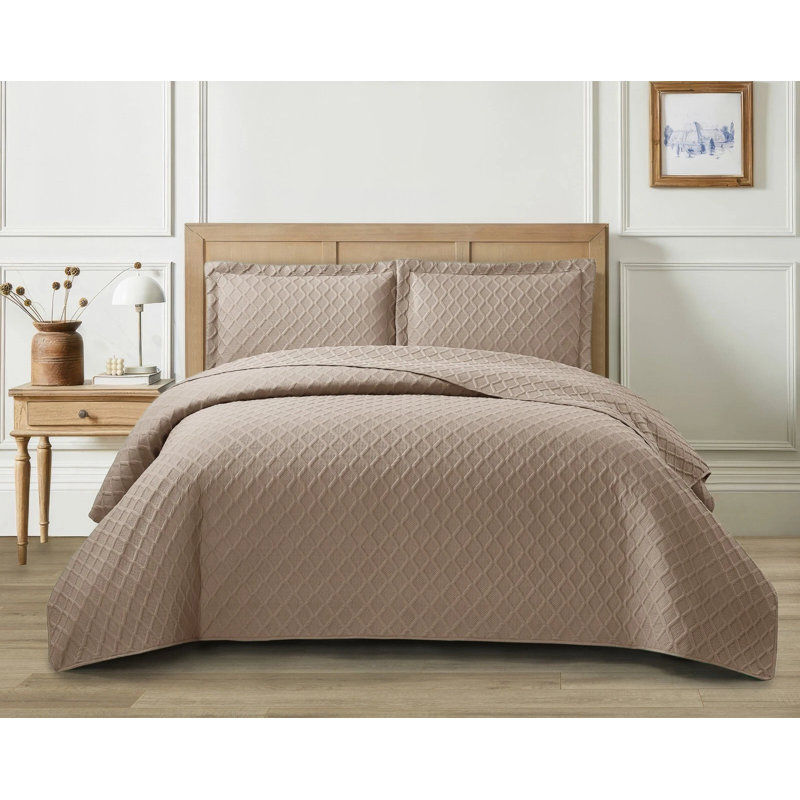 Bedspread Diamond Check Grey Super King, Full Bedspread + 2 Standard Shams, Mink