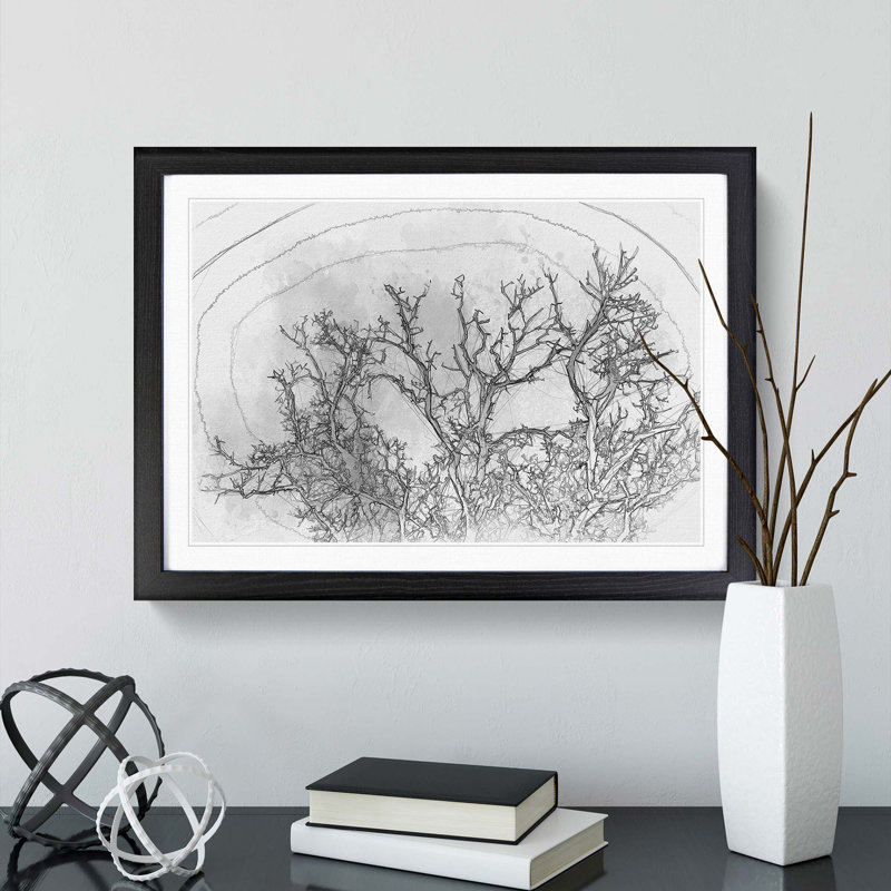 Bird in a Winter Tree in Abstract - Picture Frame Graphic Art Print, 48cm H x 65cm W x 2cm D, Black Framed