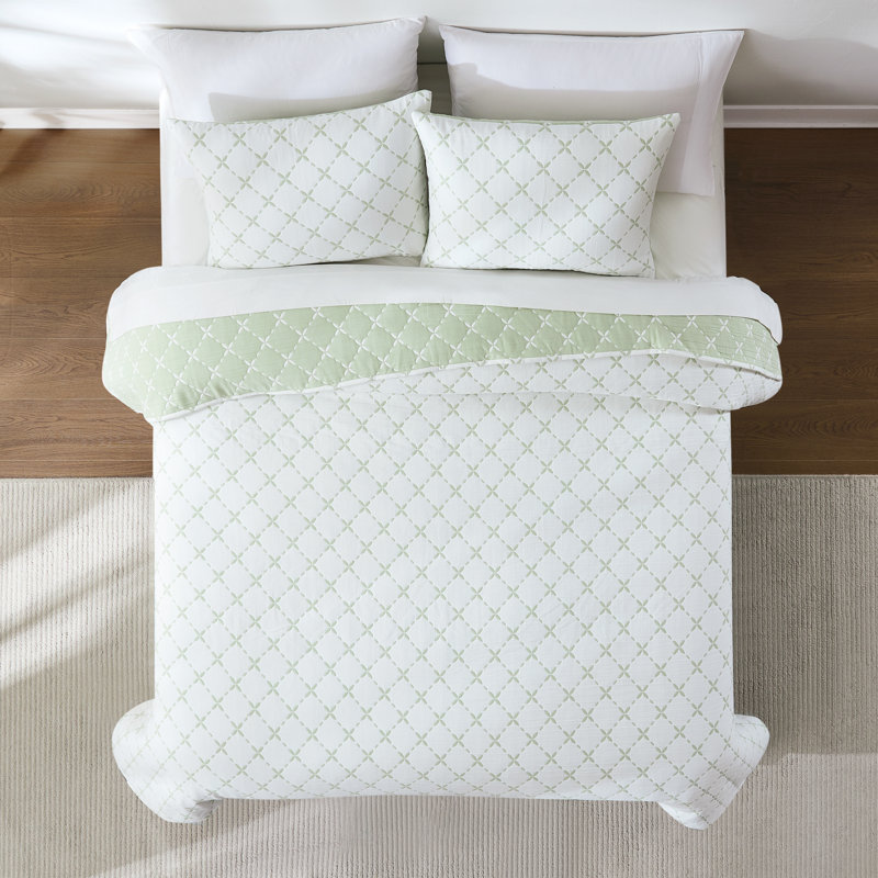 Diamond Leaf Jacquard Reversible Matelasse Coverlet 3Pc Set, King Coverlet/Bedspread + 2 Shams, Green