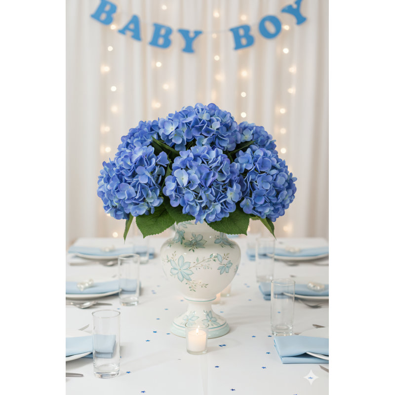 Tige d'hortensia bleue 18 po avec floraison de 7 po - 6 pièces