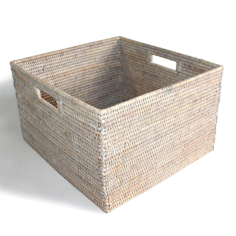 Panier de rangement carré ouvert avec poignée découpée, Blanc délavé