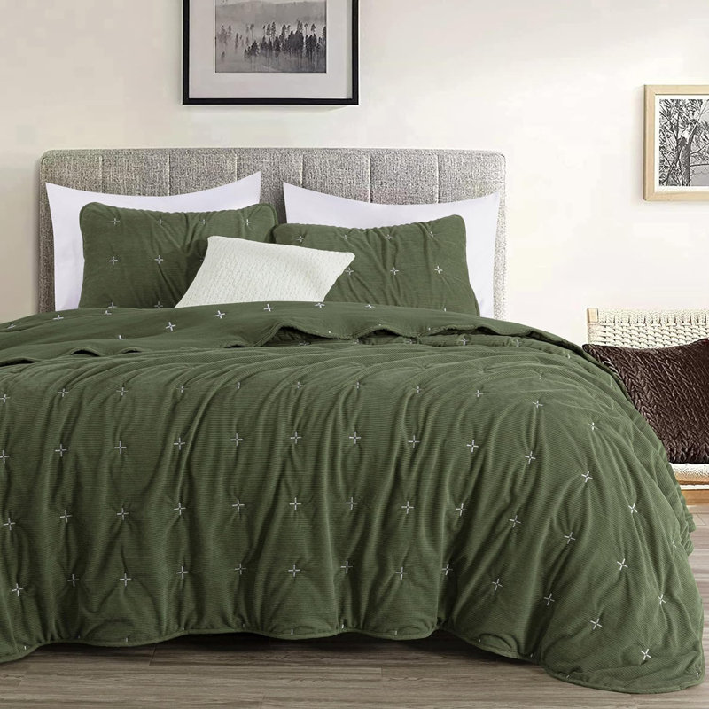  Corduroy Polyester Cross Stitch Quilt Set, Queen Quilt + 2 Standard Shams, Olive Green