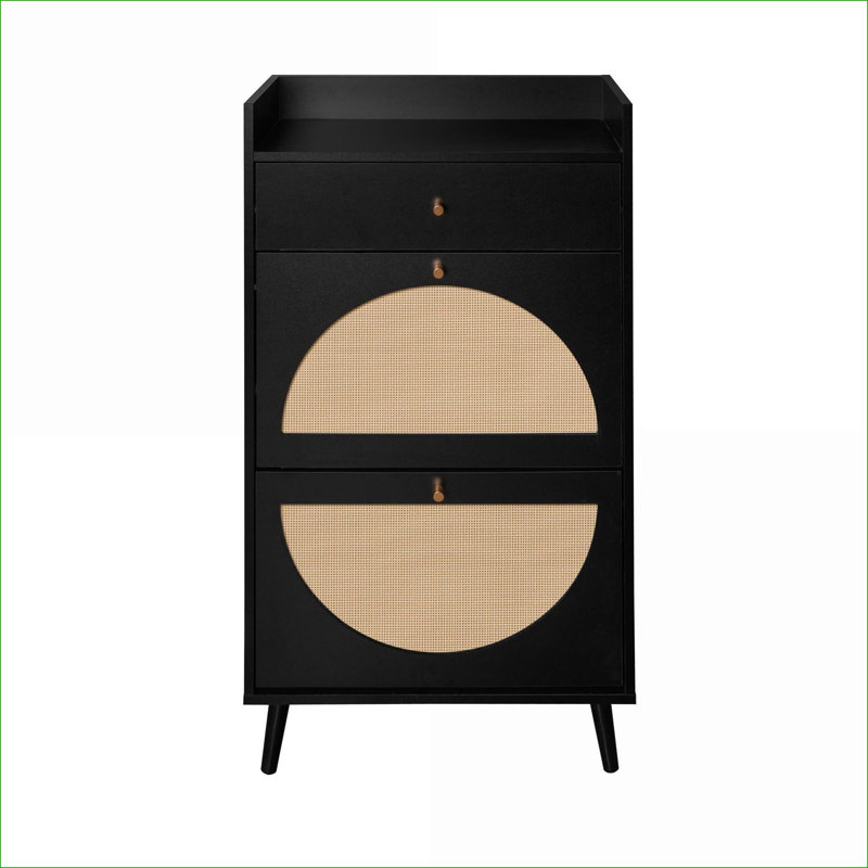 Cabinets | 2 Door 1 Drawer Double Layer Shoe Storage Cabinet, Engineered Rattan, Solid Pine Feet | Traditional | Entryway