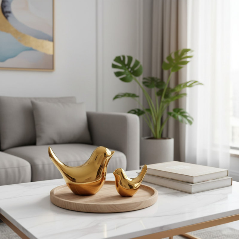 Modern Gold Ceramic Bird Ornament Set Of 2 For Shelves & Tabletop