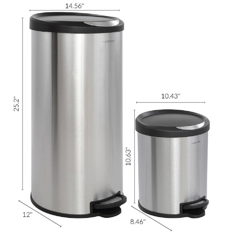 Oscar Stainless Steel Cylinder Step Trash Can Set with Black Lid