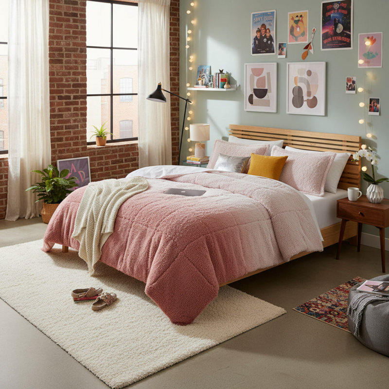 Ensemble d'édredon à poil long double / grand dégradé, L 90 po x l 90 po, Rosé