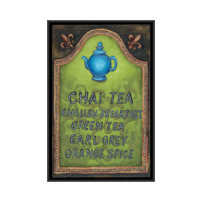 « tea », art textuel sur toile tendue, H 26 po x l 18 po x P 1,5 po, Toile avec cadre noir, Pas de tapis