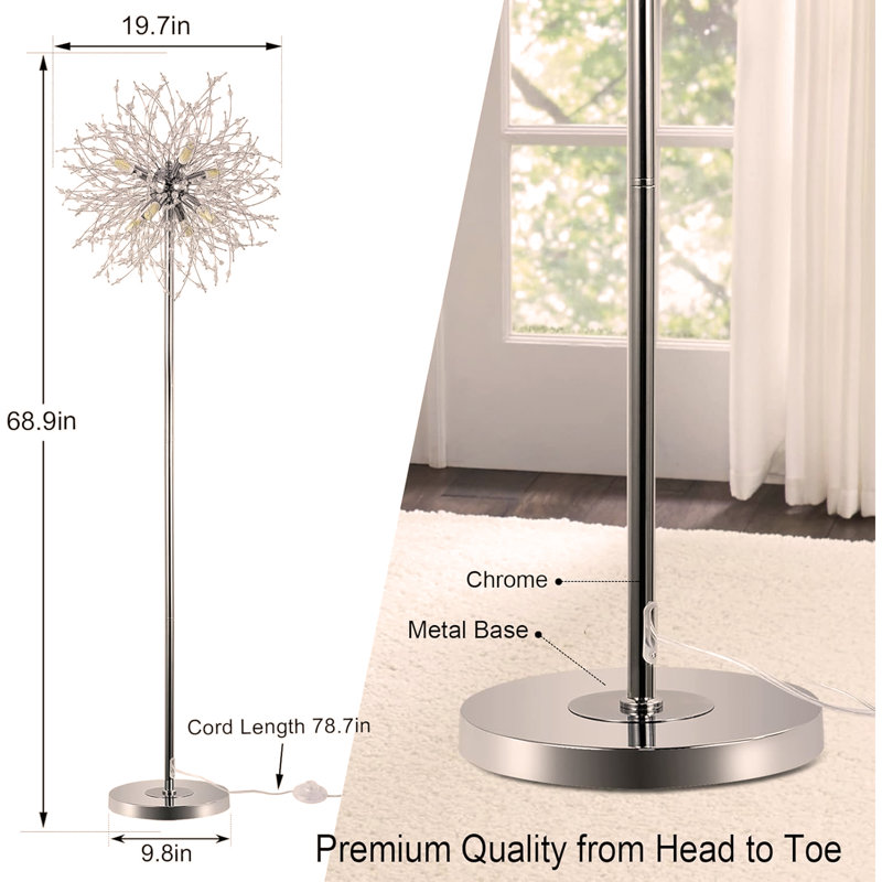 Crystal Floor Lamp, Modern Standing Lamp with K9 Crystal, LED Floor Lamp with On/Off Foot Switch, Metal Tall Pole Lamp for Living Room, Girls Room, Bedroom, Dresser, Office