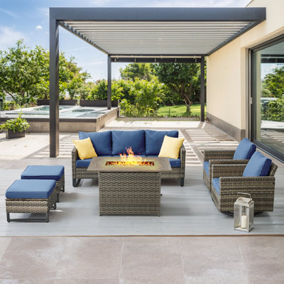 Nazime 5- Person Outdoor PE Wicker Patio Seating Group with Fire Pit, Ottomans and Cushions