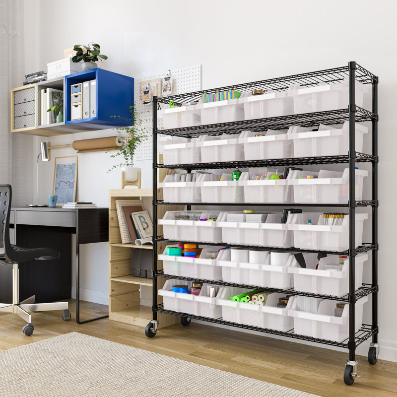 Étagère de rangement à 48 niveaux à 7 niveaux avec 48 roulettes certifiées NSF, Noir thermolaqué