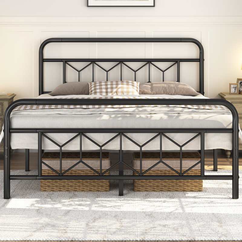 Aylena Vintage Metal Bed Frame with Diamond Pattern Headboard, Queen, Antique Gold