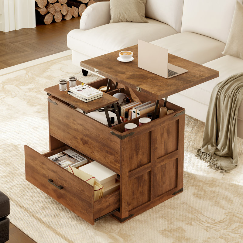 Wynny Farmhourse Wood Square Coffee Table, Lift Top Coffee Table with 4-in-1 Storage, Rustic Brown