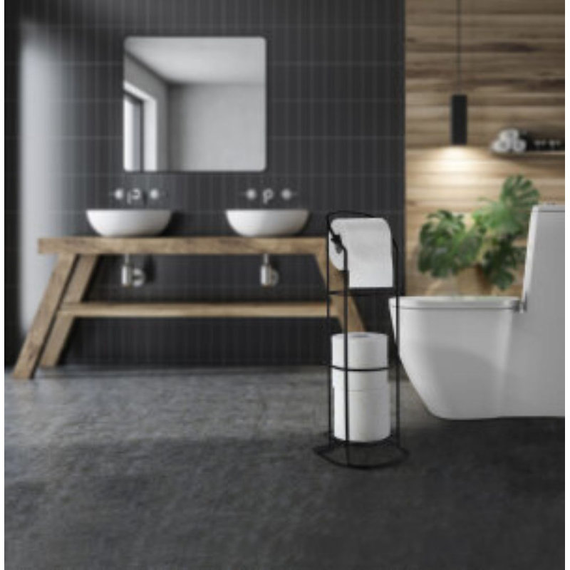 Porte-papier hygiénique sur pied et porte-rouleau de rechange. Peut contenir 4 rouleaux de papier hygiénique, Noir