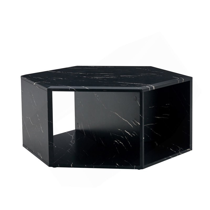Table basse hexagonale en panneau de fibres à densité moyenne, autocollants à motifs caractéristiques, conception à plusieurs trous pour donner plus d'espace de rangement, conception simple et pratique qui la rend idéale pour toutes sortes de décors de style.