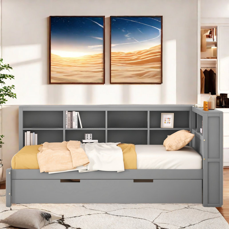 Lit de jour avec couchette Nelse, tablette de rangement et USB, Simple, Gris