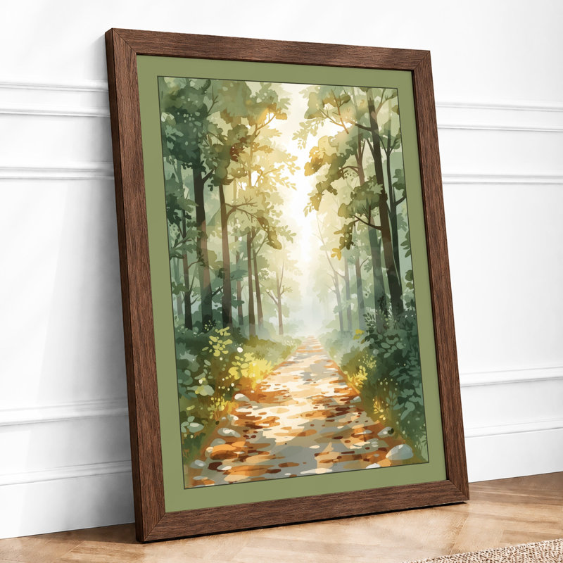Woodland Path in Autumn Scandinavian - Framed Print, A4 - 29.7 x 21.0 cm, Walnut