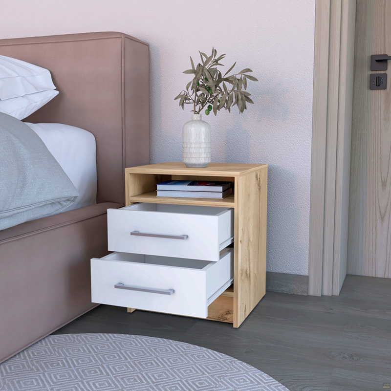 Nightstand Cartiz, Two Drawers, White/Light Oak