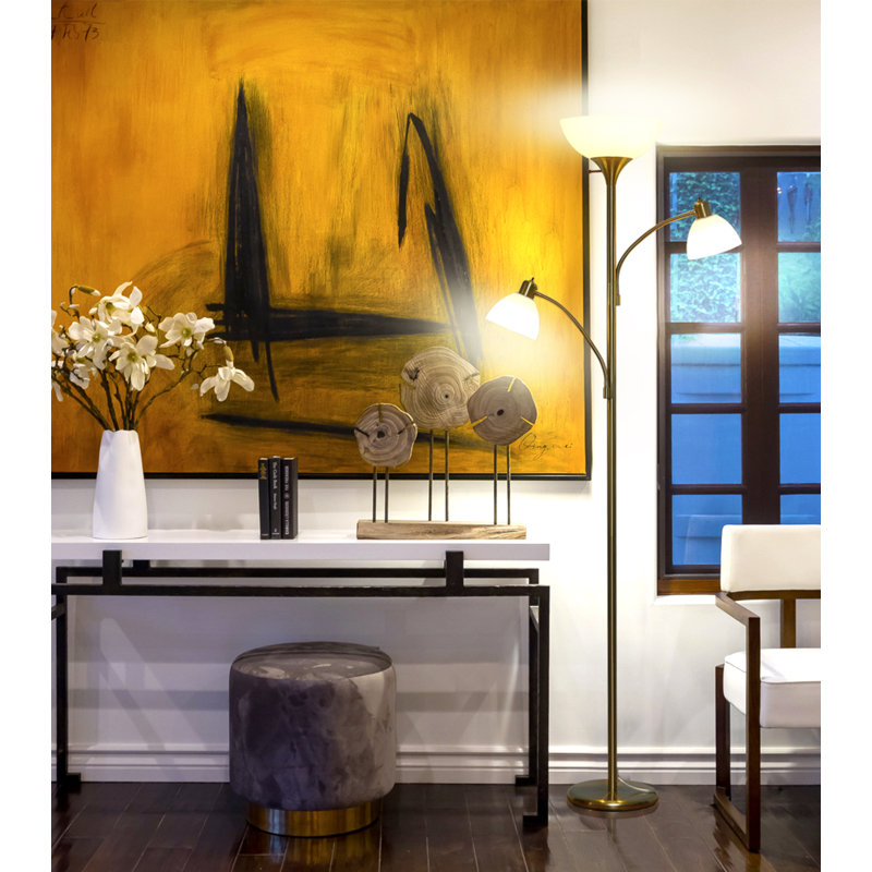 Sky Dome Double 72 in. Industrial 3-Way Dimming LED Floor Lamp with 3 Versatile Adjustable Bowl Shades, Brass