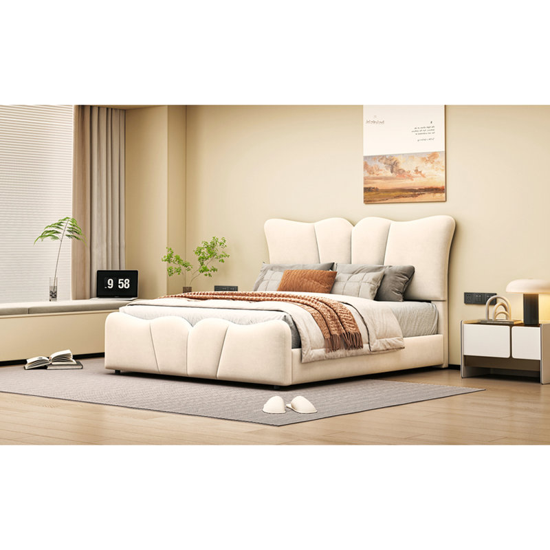 Lit plateforme tapissier double en velours double - Style stable et polyvalent, Beige
