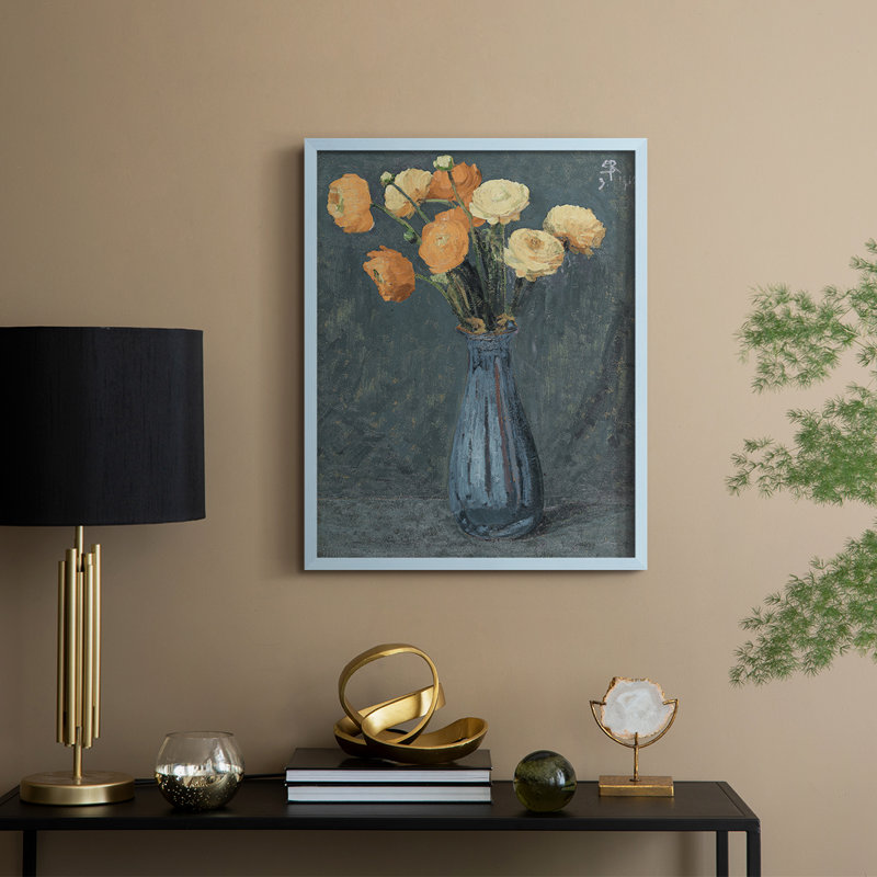 Imprimé floral rétro CCLII, impression sur bois massif, Bleu, H 15 po x l 12 po