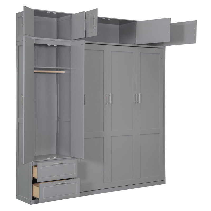 Grand lit escamotable mural avec armoires, tablettes et garde-robe, lit pliant peu encombrant avec tiroirs de rangement, gris