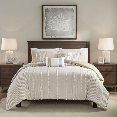 Housse de couette 100% coton 3 pièces avec rayures taupe et blanches