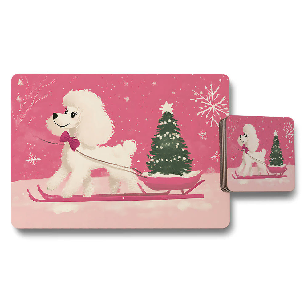 Pink Winter Poodle Placemat And Coaster Set With Christmas Tree