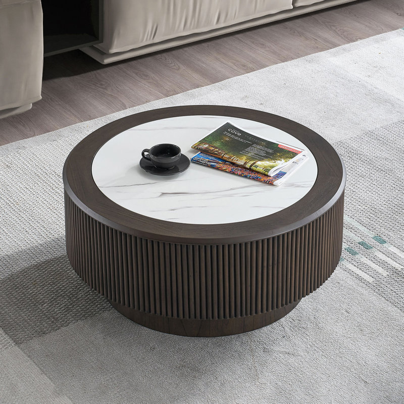 35,43 po, table basse ronde à motif d'autocollants en faux marbre, petite table avec piédestal robuste