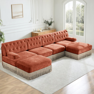 Canapé modulaire 4 places avec 2 repose-pieds en nuage, jupe à pampilles, conception capitonnée, mousse haute résilience à haute densité, conception ergonomique, base en bois de qualité supérieure, chambre à coucher pour salon, brun rouge