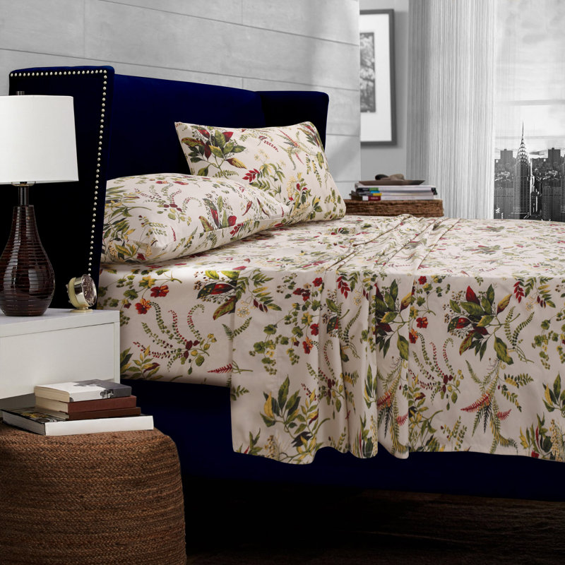 300 Thread Count Floral 100% Cotton Percale Sheet Set, Queen Sheet Set + Fitted Sheet + 2 Pillowcases