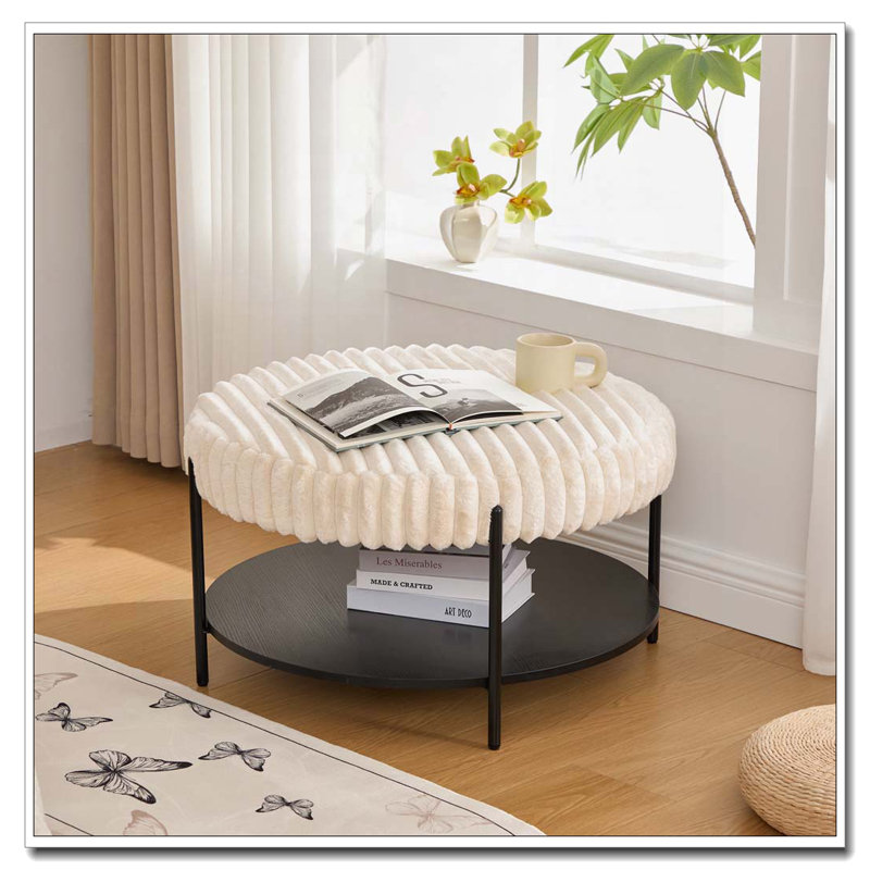 30.9"Wide Faux Fur Upholstered Round Ottoman Coffee Table Foot Rest with Black Metal Legs, Beige