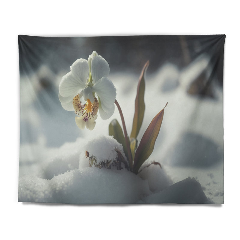 A Blooming White Orchid Flower In Winter I Polyester Tapestry, 32" H x 39" W
