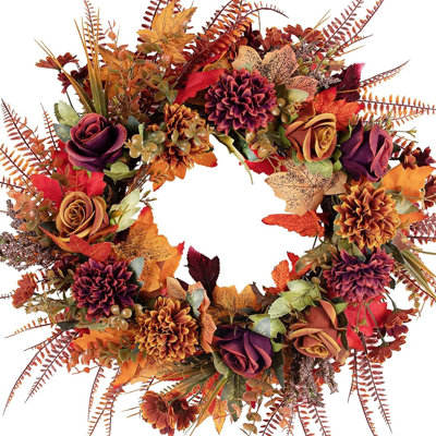 Couronne d'automne pour la porte d'entrée avec des fleurs de chrysanthème orange brûlé et de pivoine, feuilles d'érable, couronne d'automne rustique pour porche, fenêtre, mur, fête de l'Action de grâce et récolte