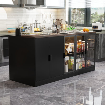 77.6"W Kitchen Island With Glass Door 3 Drawer Light Double Side