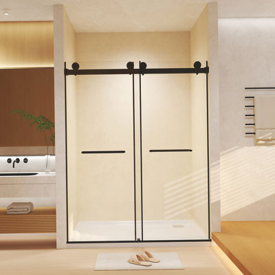 Frameless Double Sliding  Shower Door 44-48 "W X 74" H, 5/16 "(8Mm) Tempered Glass, Explosion Proof Film, Stainless Steel Handle, Square Tube Track, Matte Black